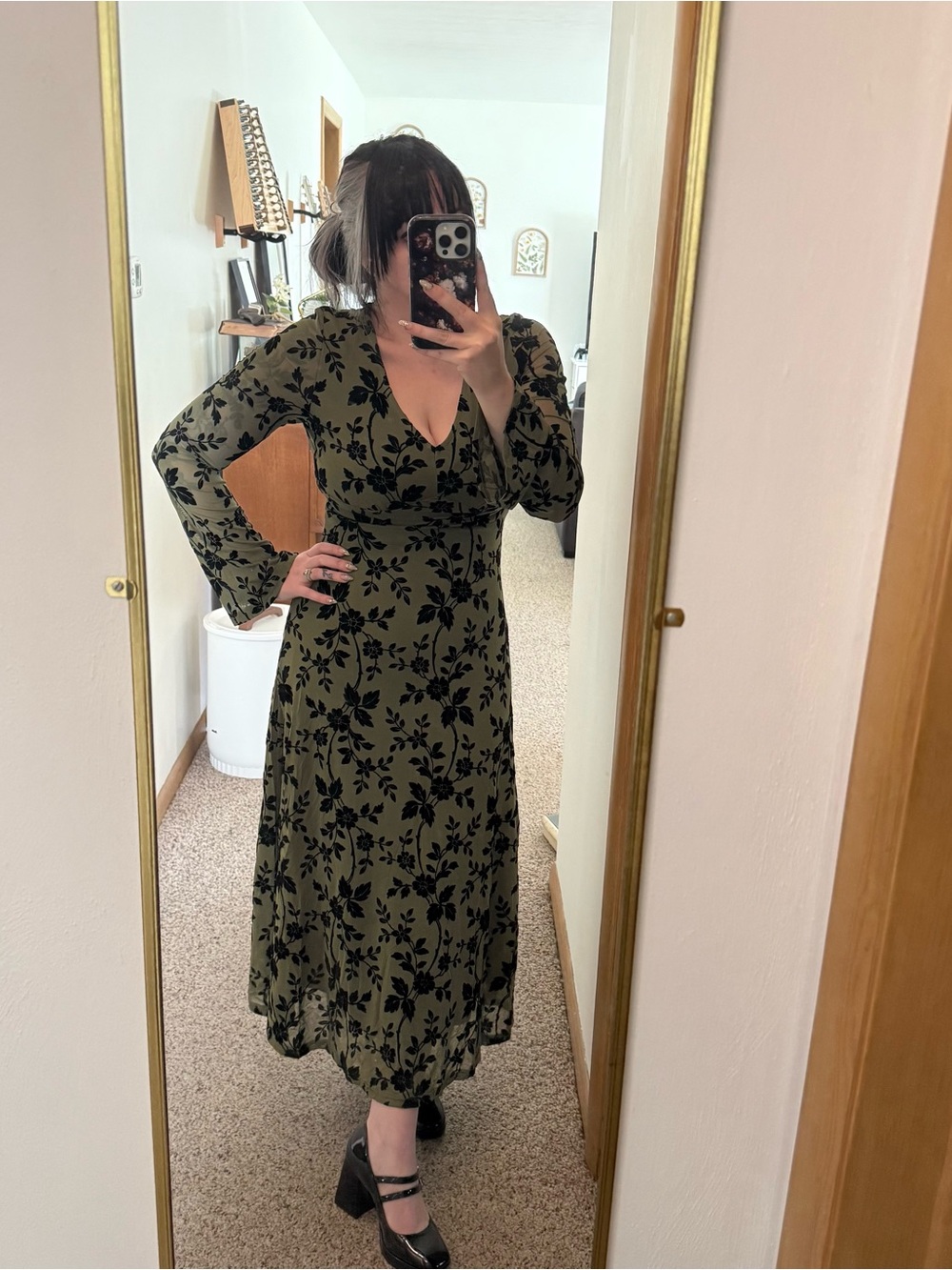 Grace Karin Olive Green Long Sleeve Floral Midi Dress
